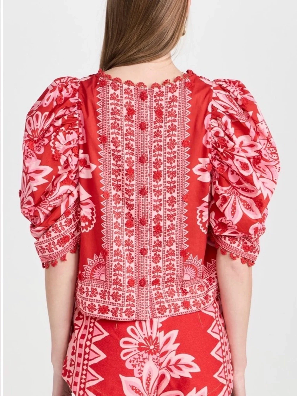 FARM RIO Flora Tapestry Appliqué Puff Sleeve Red Beaded Button Back Blouse XS S